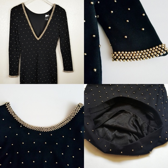 Vintage Hand Beaded Deep V Gold Black Dress 6 - Picture 1 of 13